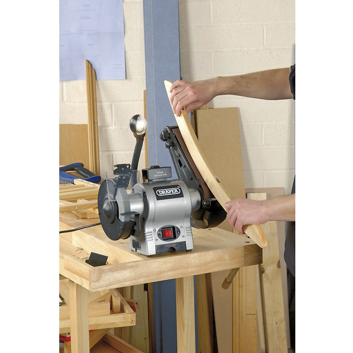 Draper 6" Bench Grinder with Sanding Belt and Worklight | 370W (Product illustration 3)-2
