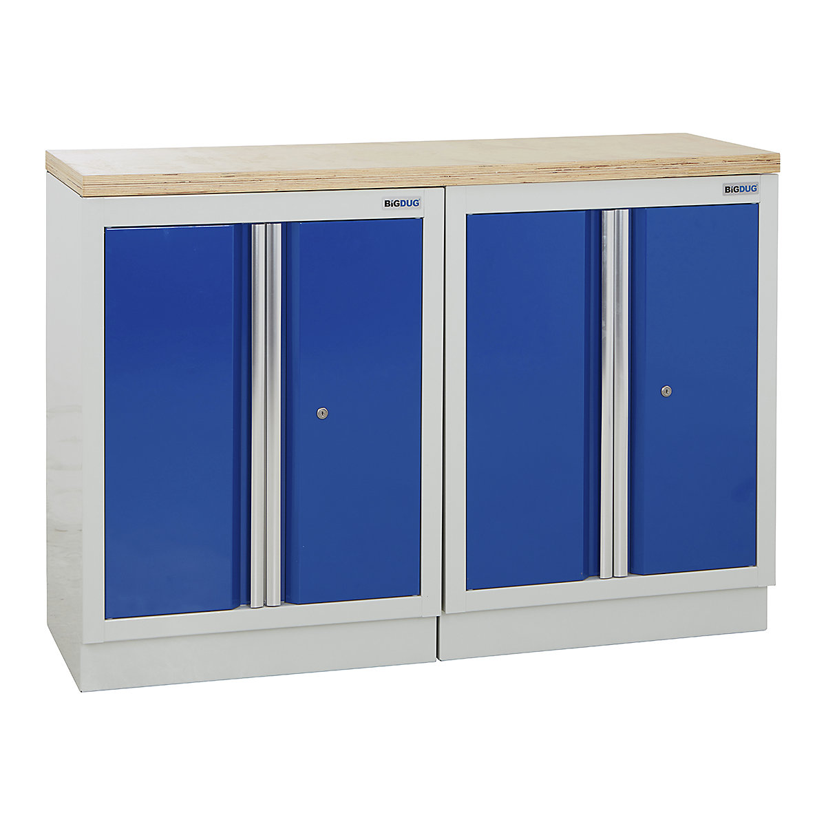 BiGDUG | 1361mm Wide Workbench | 2 Cabinet, BiGDUG | 1361mm Wide Workbench | 2 Cabinet, BiGDUG | 1361mm Wide Workbench | 2x 2 Door Cupboard | Grey Housing | Blue Doors | Multiplex Worktop-0