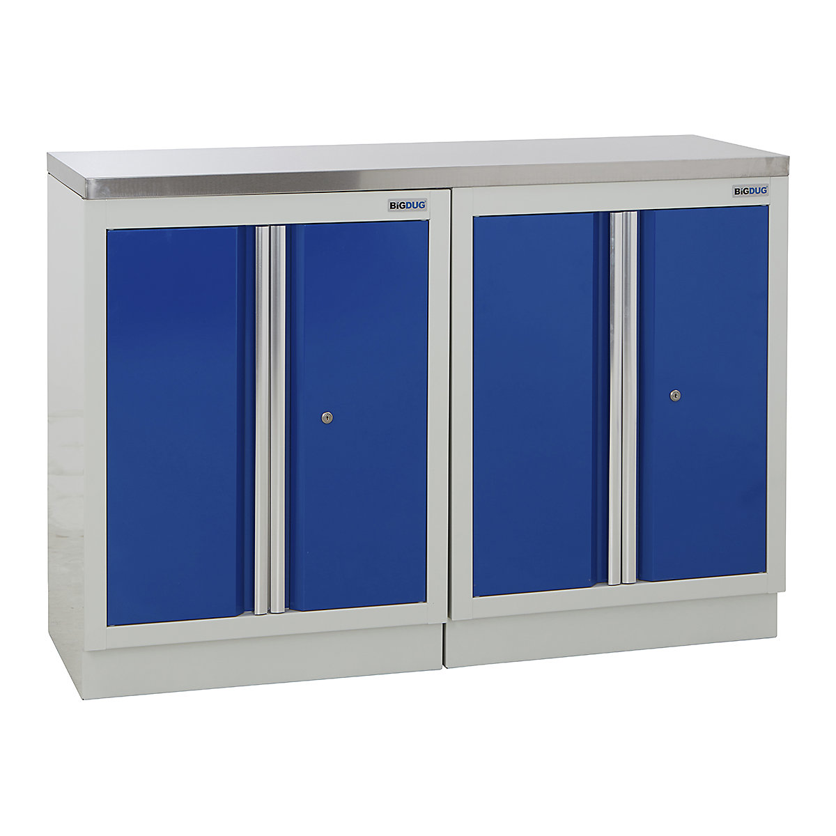 BiGDUG | 1361mm Wide Workbench | 2 Cabinet, BiGDUG | 1361mm Wide Workbench | 2 Cabinet, BiGDUG | 1361mm Wide Workbench | 2x 2 Door Cupboard | Grey Housing | Blue Doors | Stainless Worktop-0