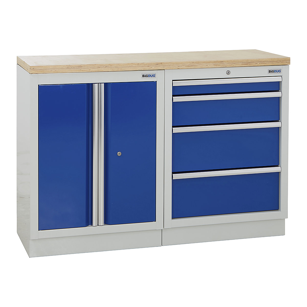BiGDUG | 1361mm Wide Workbench | 2 Cabinet, BiGDUG | 1361mm Wide Workbench | 2 Cabinet, BiGDUG | 1361mm Wide Workbench | 2 Door Cupboard | 4 Drawer Cabinet | Grey Housing | Blue Doors | Multiplex Worktop-0