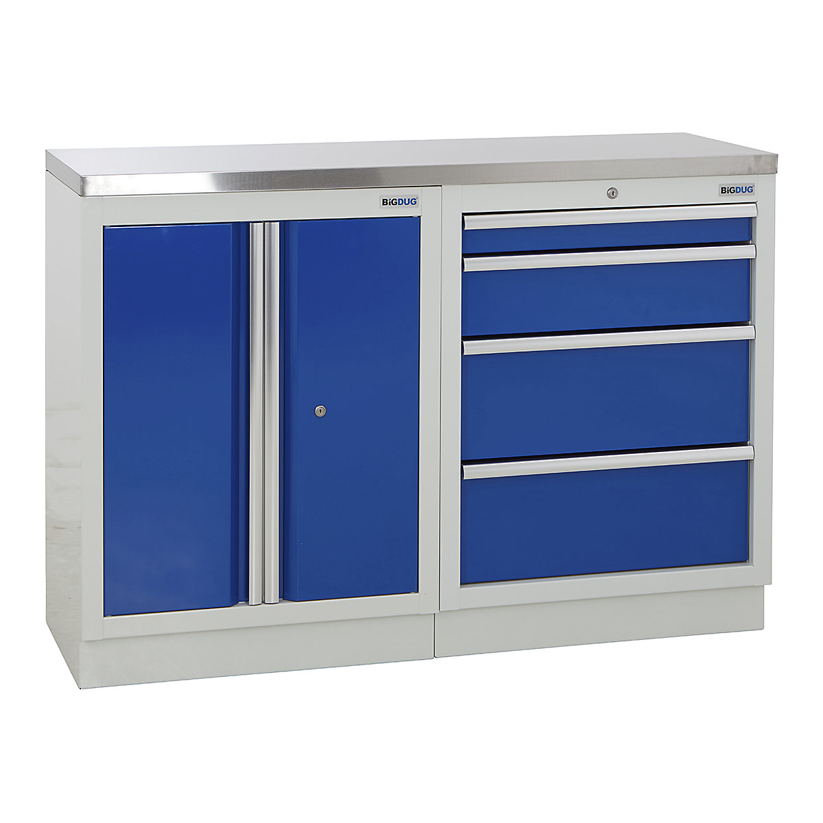 BiGDUG | 1361mm Wide Workbench | 2 Cabinet, BiGDUG | 1361mm Wide Workbench | 2 Cabinet, BiGDUG | 1361mm Wide Workbench | 2 Door Cupboard | 4 Drawer Cabinet | Grey Housing | Blue Doors | Stainless Worktop-0