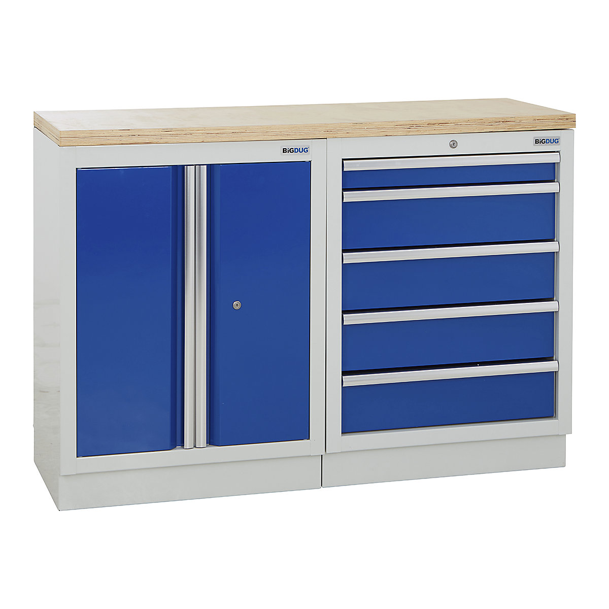 BiGDUG | 1361mm Wide Workbench | 2 Cabinet, BiGDUG | 1361mm Wide Workbench | 2 Cabinet, BiGDUG | 1361mm Wide Workbench | 2 Door Cupboard | 5 Drawer Cabinet | Grey Housing | Blue Doors | Multiplex Worktop-0