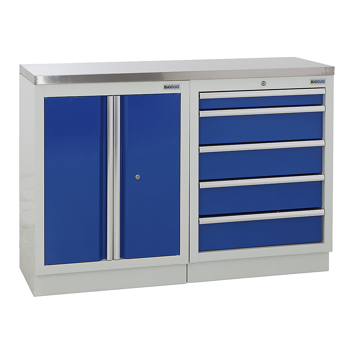BiGDUG | 1361mm Wide Workbench | 2 Cabinet, BiGDUG | 1361mm Wide Workbench | 2 Cabinet, BiGDUG | 1361mm Wide Workbench | 2 Door Cupboard | 5 Drawer Cabinet | Grey Housing | Blue Doors | Stainless Worktop-0