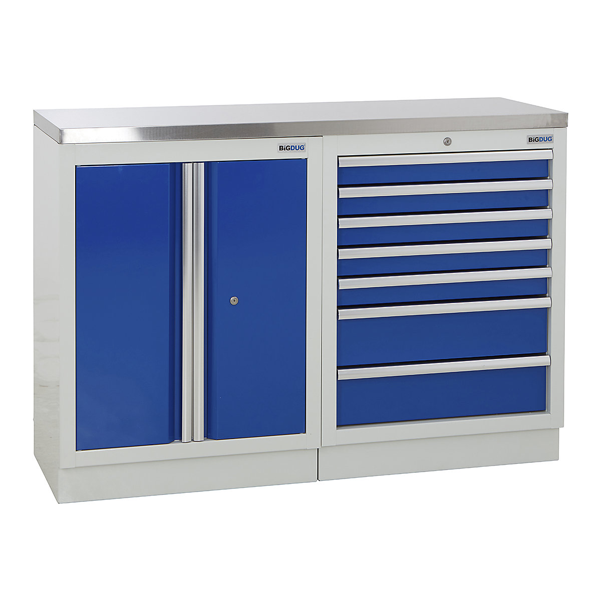 BiGDUG | 1361mm Wide Workbench | 2 Cabinet, BiGDUG | 1361mm Wide Workbench | 2 Cabinet, BiGDUG | 1361mm Wide Workbench | 2 Door Cupboard | 7 Drawer Cabinet | Grey Housing | Blue Doors | Stainless Worktop-2