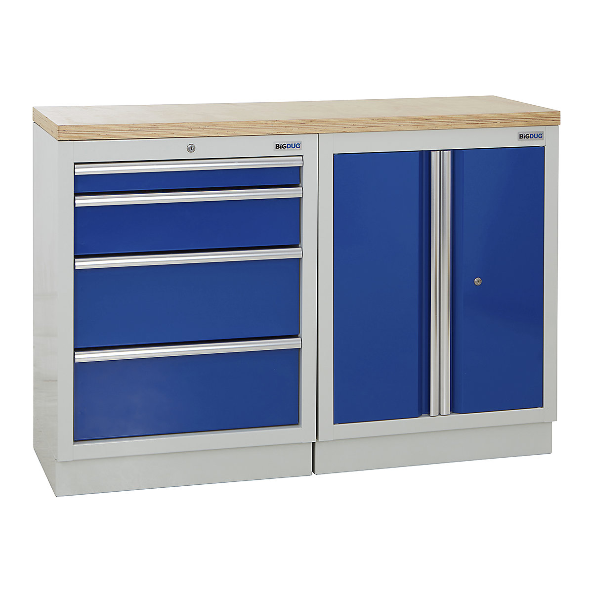 BiGDUG | 1361mm Wide Workbench | 2 Cabinet, BiGDUG | 1361mm Wide Workbench | 2 Cabinet, BiGDUG | 1361mm Wide Workbench | 4 Drawer Cabinet | 2 Door Cupboard | Grey Housing | Blue Doors | Multiplex Worktop-0