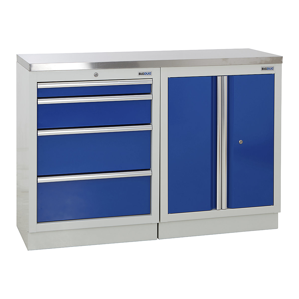 BiGDUG | 1361mm Wide Workbench | 2 Cabinet, BiGDUG | 1361mm Wide Workbench | 2 Cabinet, BiGDUG | 1361mm Wide Workbench | 4 Drawer Cabinet | 2 Door Cupboard | Grey Housing | Blue Doors | Stainless Worktop-0