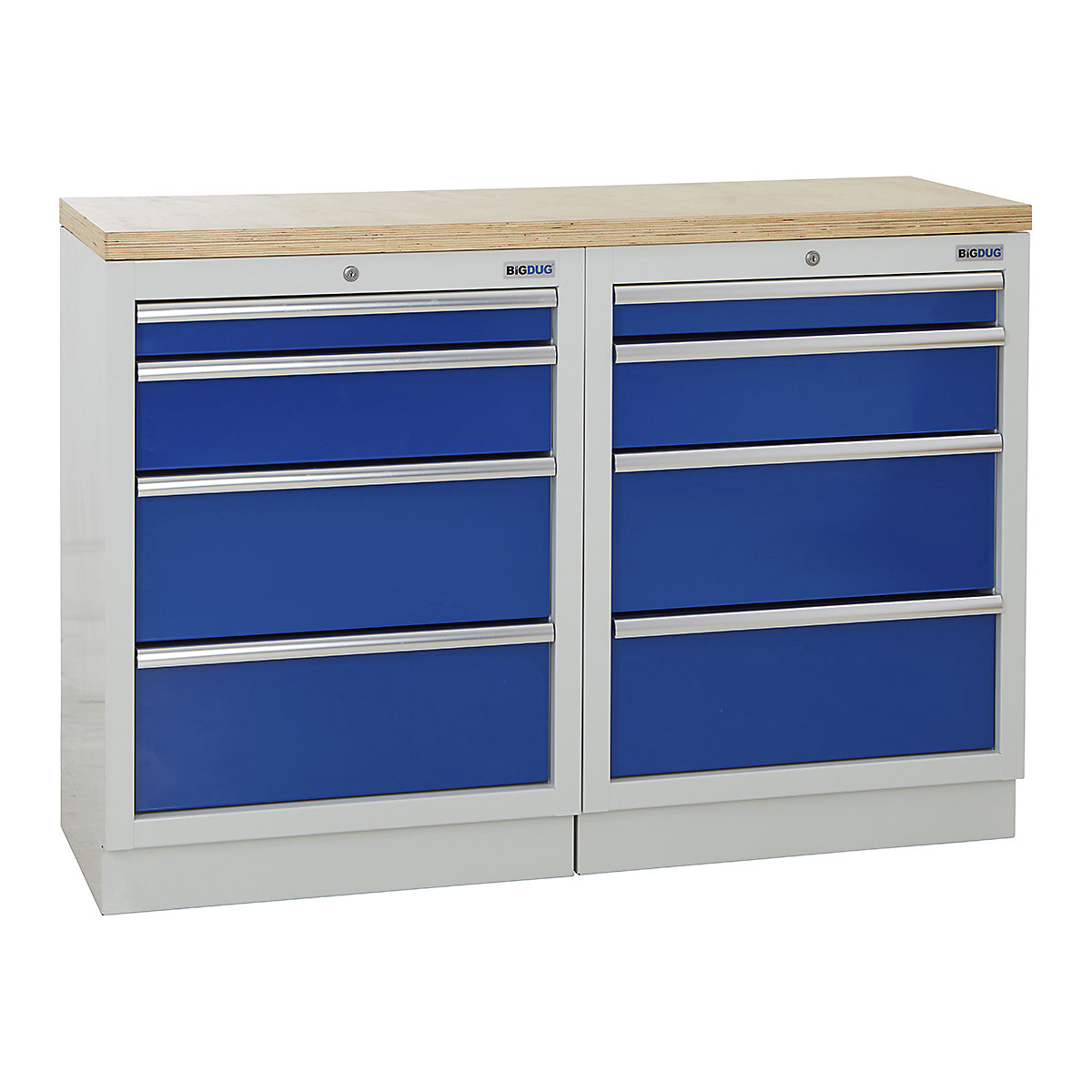 BiGDUG | 1361mm Wide Workbench | 2 Cabinet, BiGDUG | 1361mm Wide Workbench | 2 Cabinet, BiGDUG | 1361mm Wide Workbench | 2x 4 Drawer Cabinet | Grey Housing | Blue Drawers | Multiplex Worktop-0