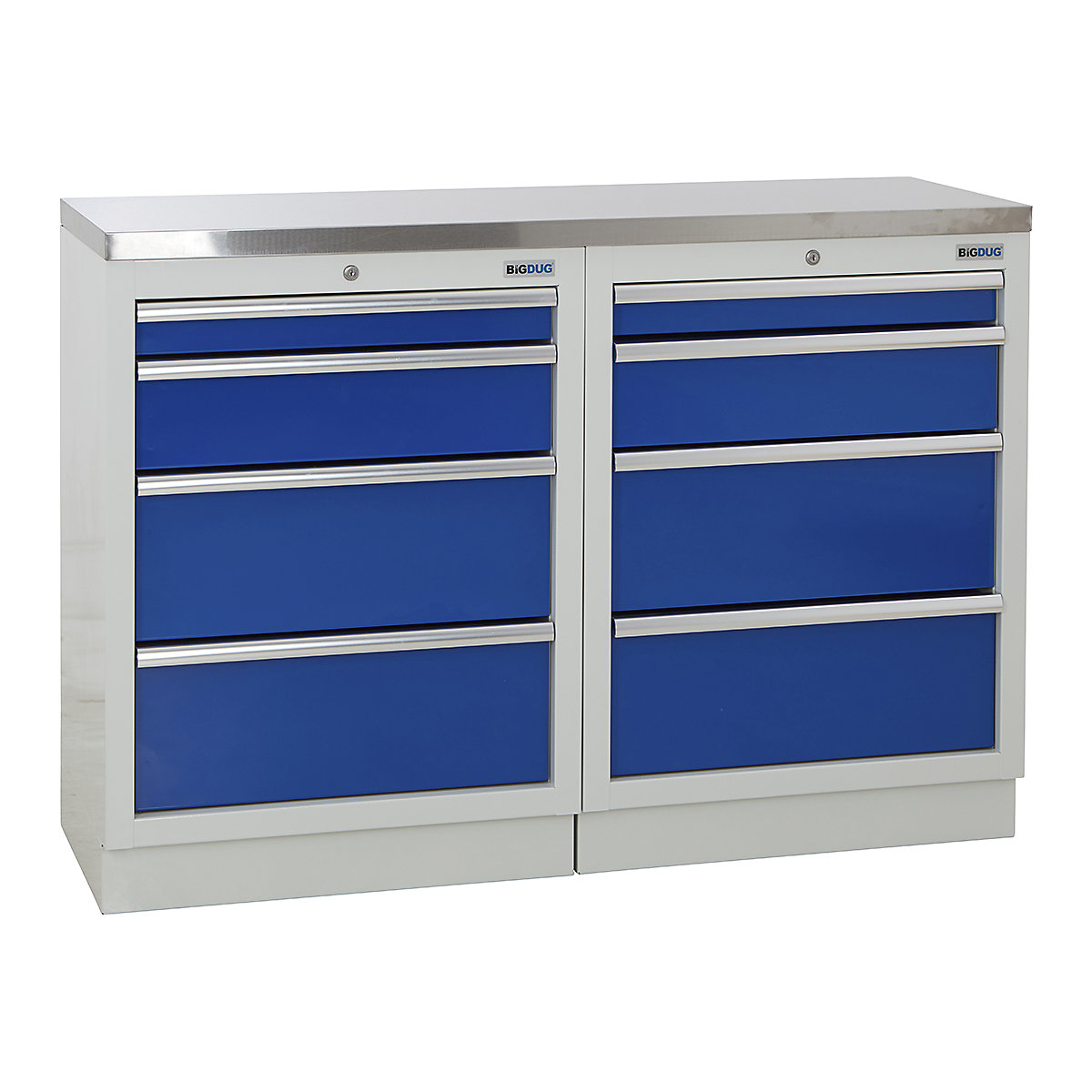 BiGDUG | 1361mm Wide Workbench | 2 Cabinet, BiGDUG | 1361mm Wide Workbench | 2 Cabinet, BiGDUG | 1361mm Wide Workbench | 2x 4 Drawer Cabinet | Grey Housing | Blue Drawers | Stainless Worktop-0