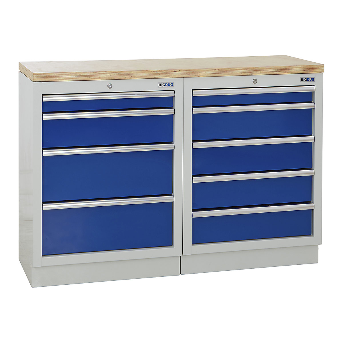 BiGDUG | 1361mm Wide Workbench | 2 Cabinet, BiGDUG | 1361mm Wide Workbench | 2 Cabinet, BiGDUG | 1361mm Wide Workbench | 4 Drawer Cabinet | 5 Drawer Cabinet | Grey Housing | Blue Drawers | Multiplex Worktop-0