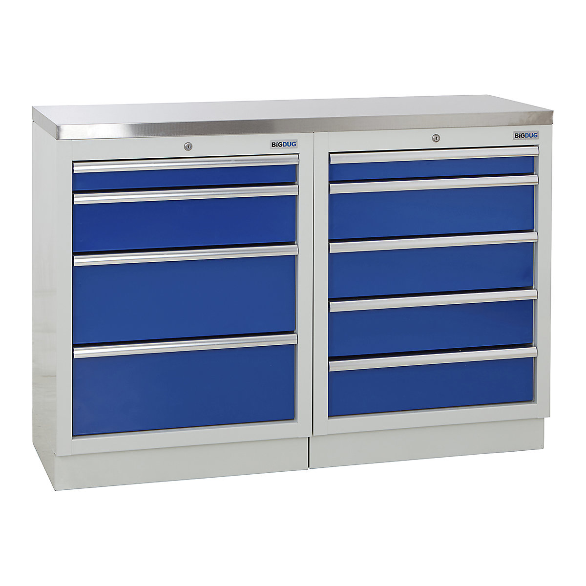 BiGDUG | 1361mm Wide Workbench | 2 Cabinet, BiGDUG | 1361mm Wide Workbench | 2 Cabinet, BiGDUG | 1361mm Wide Workbench | 4 Drawer Cabinet | 5 Drawer Cabinet | Grey Housing | Blue Drawers | Stainless Worktop-0