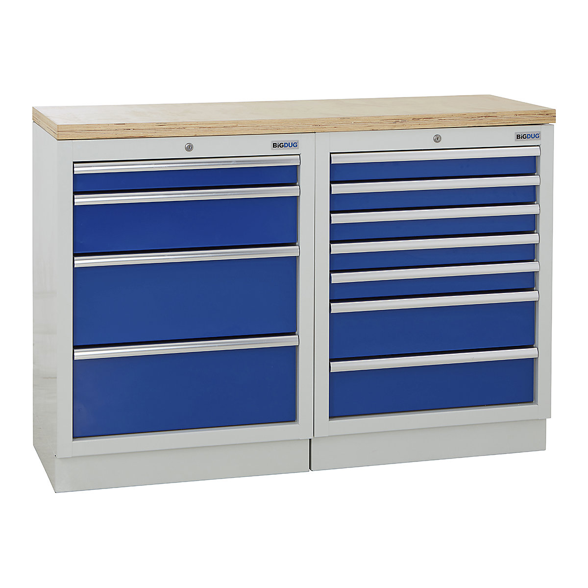 BiGDUG | 1361mm Wide Workbench | 2 Cabinet, BiGDUG | 1361mm Wide Workbench | 2 Cabinet, BiGDUG | 1361mm Wide Workbench | 4 Drawer Cabinet | 7 Drawer Cabinet | Grey Housing | Blue Drawers | Multiplex Worktop-0