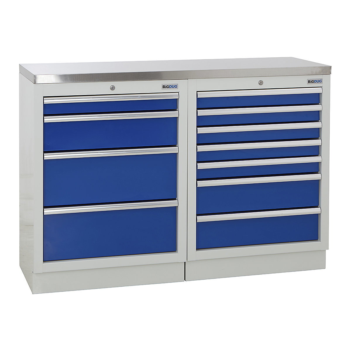 BiGDUG | 1361mm Wide Workbench | 2 Cabinet, BiGDUG | 1361mm Wide Workbench | 2 Cabinet, BiGDUG | 1361mm Wide Workbench | 4 Drawer Cabinet | 7 Drawer Cabinet | Grey Housing | Blue Drawers | Stainless Worktop-0