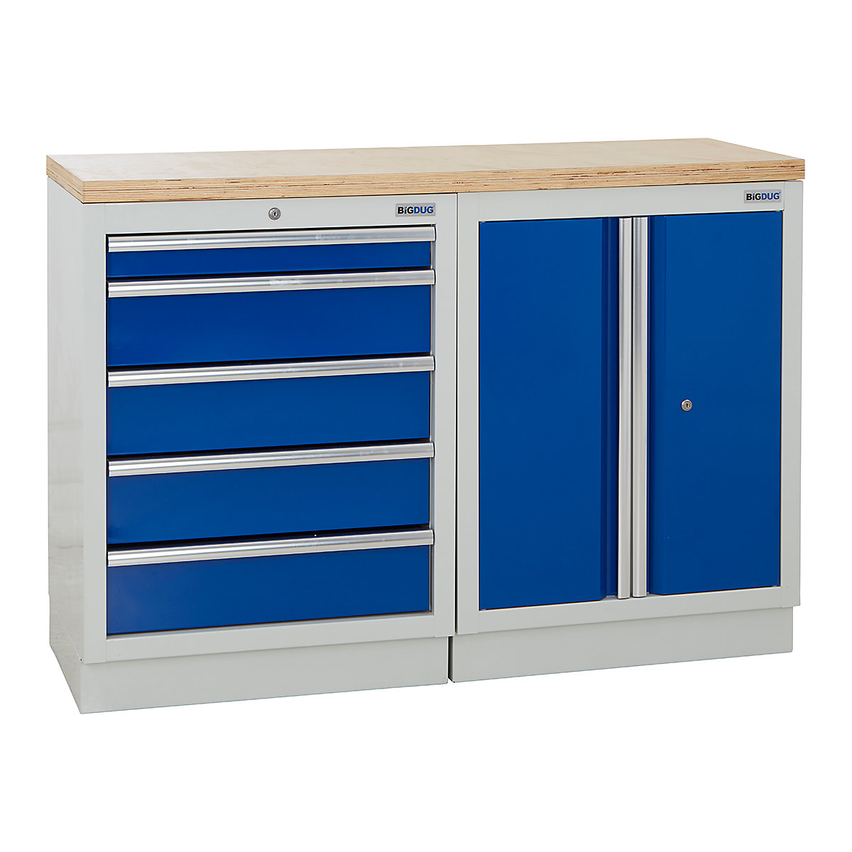 BiGDUG | 1361mm Wide Workbench | 2 Cabinet, BiGDUG | 1361mm Wide Workbench | 2 Cabinet, BiGDUG | 1361mm Wide Workbench | 5 Drawer Cabinet | 2 Door Cupboard | Grey Housing | Blue Doors | Multiplex Worktop-0