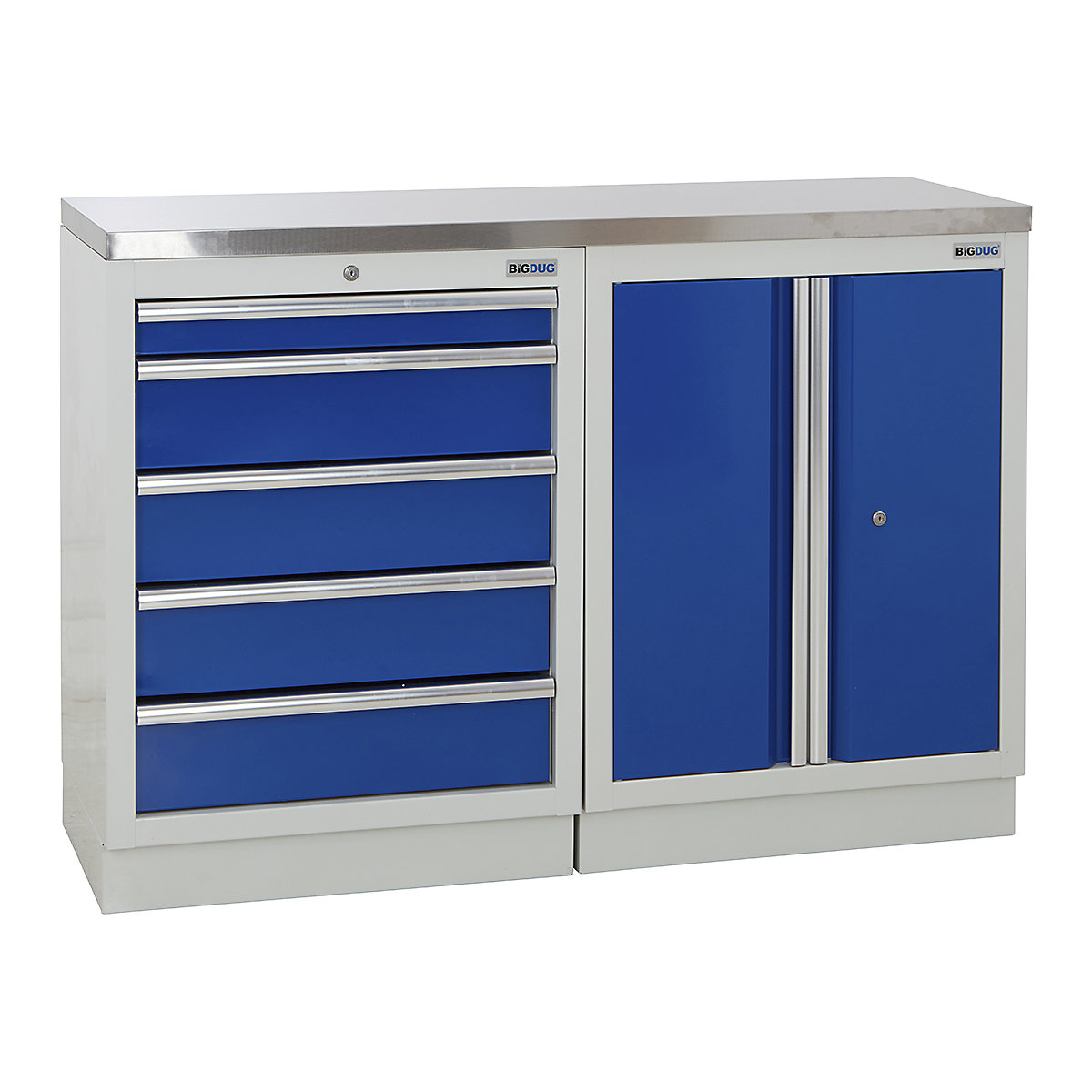 BiGDUG | 1361mm Wide Workbench | 2 Cabinet, BiGDUG | 1361mm Wide Workbench | 2 Cabinet, BiGDUG | 1361mm Wide Workbench | 5 Drawer Cabinet | 2 Door Cupboard | Grey Housing | Blue Doors | Stainless Worktop-0