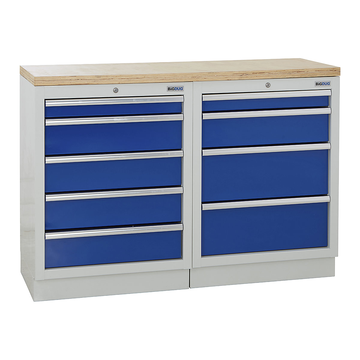 BiGDUG | 1361mm Wide Workbench | 2 Cabinet, BiGDUG | 1361mm Wide Workbench | 2 Cabinet, BiGDUG | 1361mm Wide Workbench | 5 Drawer Cabinet | 4 Drawer Cabinet | Grey Housing | Blue Drawers | Multiplex Worktop-0