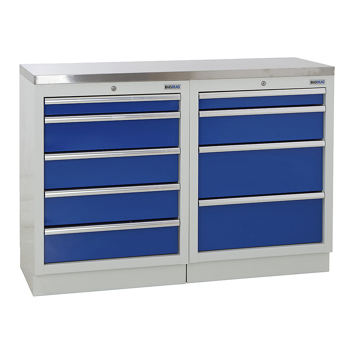 BiGDUG | 1361mm Wide Workbench | 2 Cabinet, BiGDUG | 1361mm Wide Workbench | 2 Cabinet, BiGDUG | 1361mm Wide Workbench | 5 Drawer Cabinet | 4 Drawer Cabinet | Grey Housing | Blue Drawers | Stainless Worktop-0