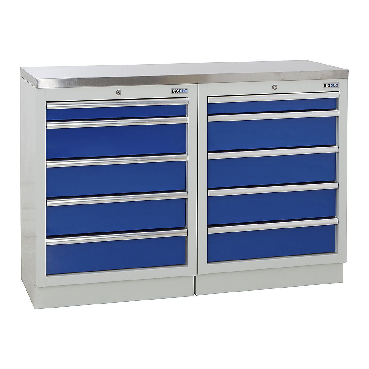 BiGDUG | 1361mm Wide Workbench | 2 Cabinet, BiGDUG | 1361mm Wide Workbench | 2 Cabinet, BiGDUG | 1361mm Wide Workbench | 2x 5 Drawer Cabinet | Grey Housing | Blue Drawers | Stainless Worktop-0
