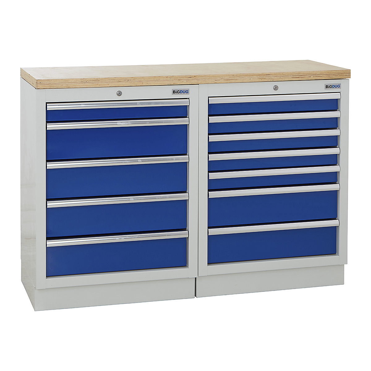 BiGDUG | 1361mm Wide Workbench | 2 Cabinet, BiGDUG | 1361mm Wide Workbench | 2 Cabinet, BiGDUG | 1361mm Wide Workbench | 5 Drawer Cabinet | 7 Drawer Cabinet | Grey Housing | Blue Drawers | Multiplex Worktop-0