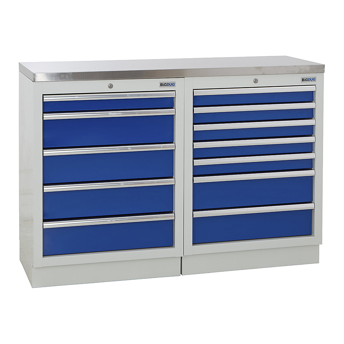 BiGDUG | 1361mm Wide Workbench | 2 Cabinet, BiGDUG | 1361mm Wide Workbench | 2 Cabinet, BiGDUG | 1361mm Wide Workbench | 5 Drawer Cabinet | 7 Drawer Cabinet | Grey Housing | Blue Drawers | Stainless Worktop-0