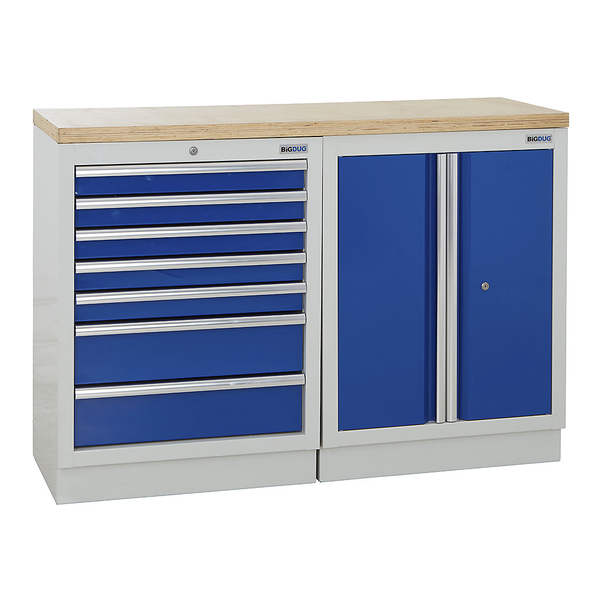 BiGDUG | 1361mm Wide Workbench | 2 Cabinet, BiGDUG | 1361mm Wide Workbench | 2 Cabinet, BiGDUG | 1361mm Wide Workbench | 7 Drawer Cabinet | 2 Door Cupboard | Grey Housing | Blue Doors | Multiplex Worktop-0