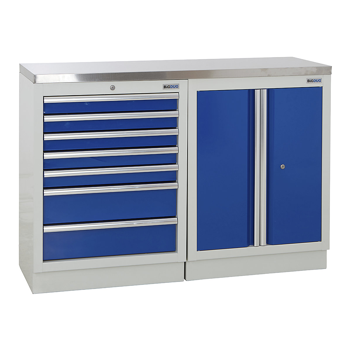 BiGDUG | 1361mm Wide Workbench | 2 Cabinet, BiGDUG | 1361mm Wide Workbench | 2 Cabinet, BiGDUG | 1361mm Wide Workbench | 7 Drawer Cabinet | 2 Door Cupboard | Grey Housing | Blue Doors | Stainless Worktop-0