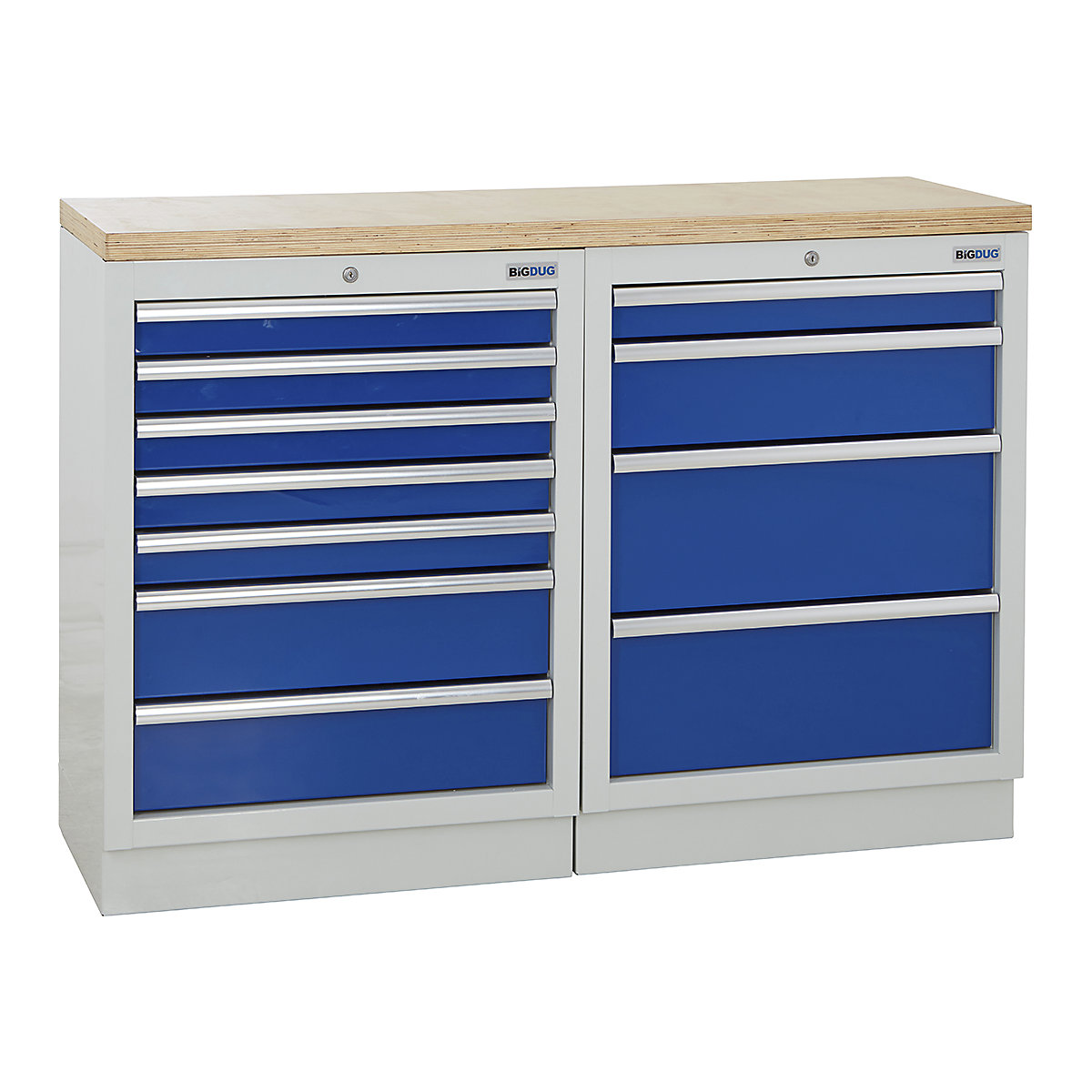 BiGDUG | 1361mm Wide Workbench | 2 Cabinet, BiGDUG | 1361mm Wide Workbench | 2 Cabinet, BiGDUG | 1361mm Wide Workbench | 7 Drawer Cabinet | 4 Drawer Cabinet | Grey Housing | Blue Drawers | Multiplex Worktop-0