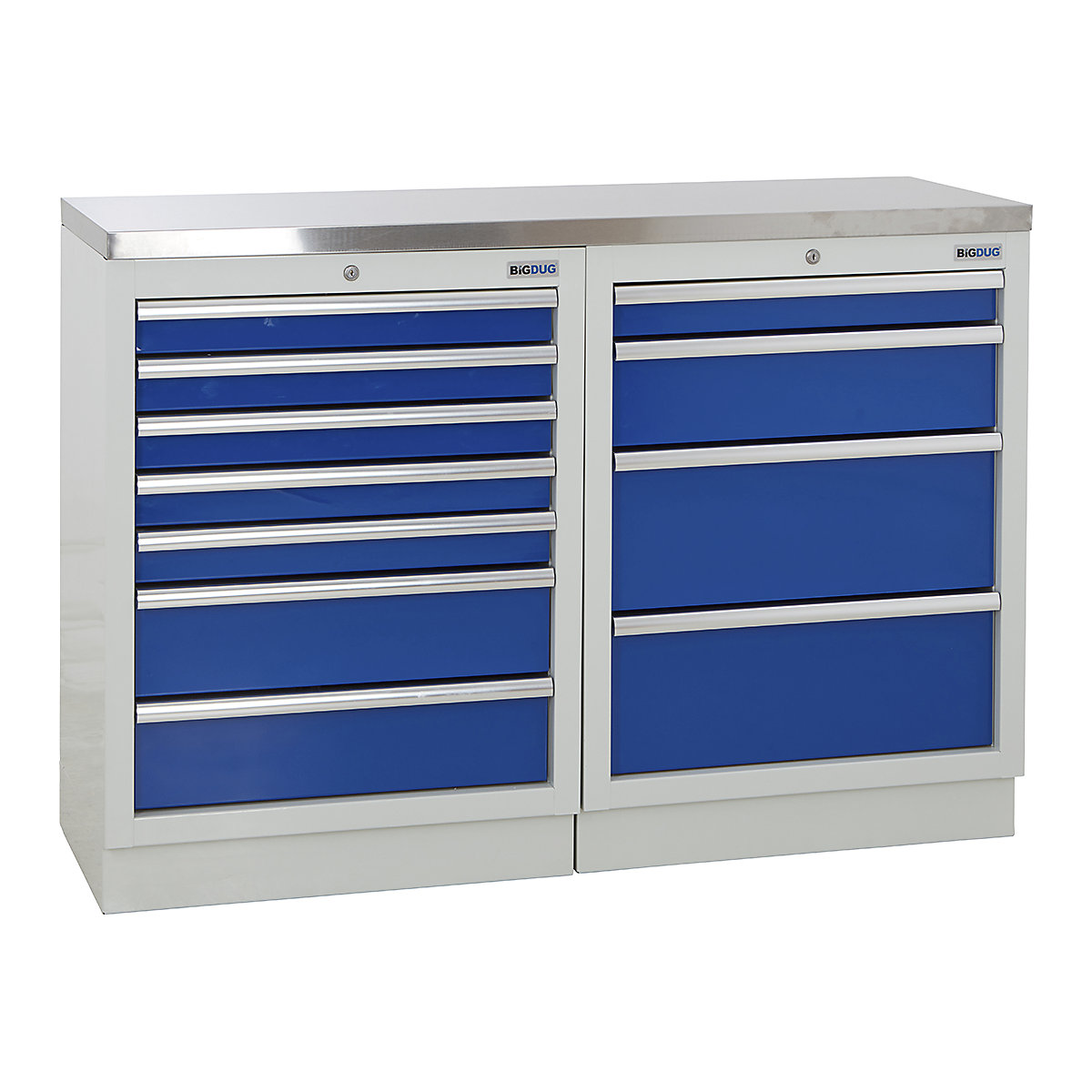 BiGDUG | 1361mm Wide Workbench | 2 Cabinet, BiGDUG | 1361mm Wide Workbench | 2 Cabinet, BiGDUG | 1361mm Wide Workbench | 7 Drawer Cabinet | 4 Drawer Cabinet | Grey Housing | Blue Drawers | Stainless Worktop-0
