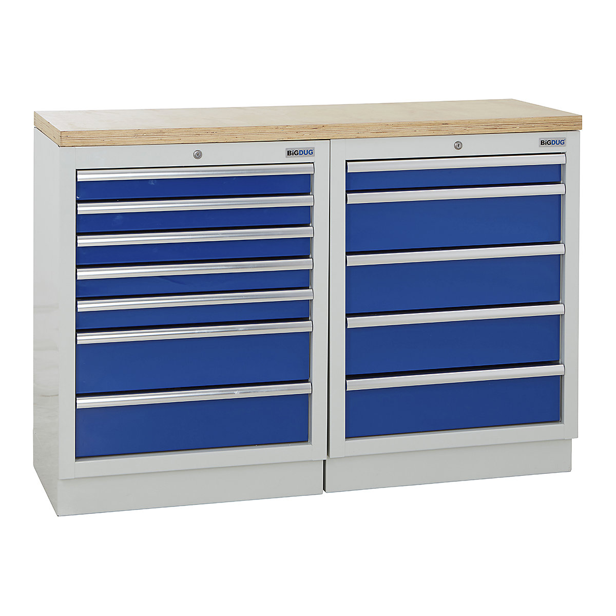 BiGDUG | 1361mm Wide Workbench | 2 Cabinet, BiGDUG | 1361mm Wide Workbench | 2 Cabinet, BiGDUG | 1361mm Wide Workbench | 7 Drawer Cabinet | 5 Drawer Cabinet | Grey Housing | Blue Drawers | Multiplex Worktop-0