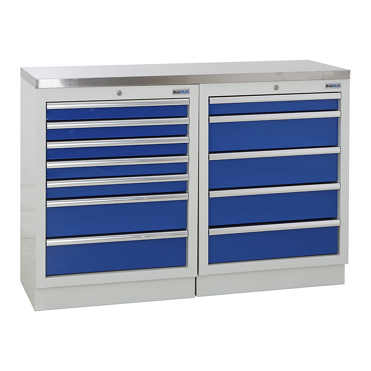 BiGDUG | 1361mm Wide Workbench | 2 Cabinet, BiGDUG | 1361mm Wide Workbench | 2 Cabinet, BiGDUG | 1361mm Wide Workbench | 7 Drawer Cabinet | 5 Drawer Cabinet | Grey Housing | Blue Drawers | Stainless Worktop-0