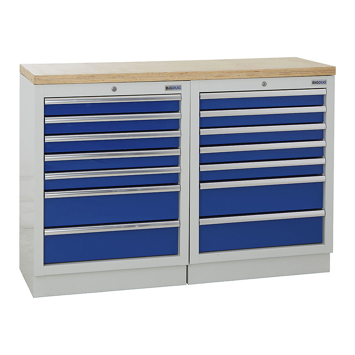 BiGDUG | 1361mm Wide Workbench | 2 Cabinet, BiGDUG | 1361mm Wide Workbench | 2 Cabinet, BiGDUG | 1361mm Wide Workbench | 2x 7 Drawer Cabinet | Grey Housing | Blue Drawers | Multiplex Worktop-0