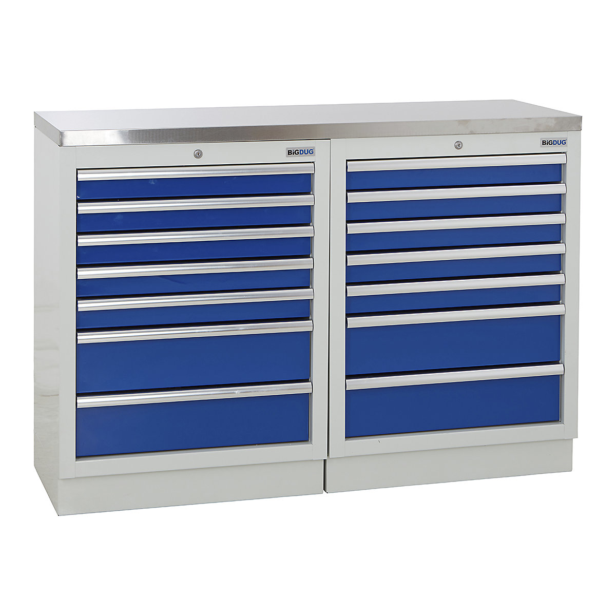 BiGDUG | 1361mm Wide Workbench | 2 Cabinet, BiGDUG | 1361mm Wide Workbench | 2 Cabinet, BiGDUG | 1361mm Wide Workbench | 2x 7 Drawer Cabinet | Grey Housing | Blue Drawers | Stainless Worktop-0
