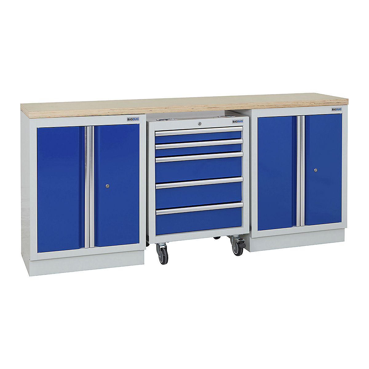 BiGDUG | 2041mm Wide Workbench | 1 Roll Cabinet | 2 Cabinet, BiGDUG | 2041mm Wide Workbench | 1 Roll Cabinet | 2 Cabinet, BiGDUG | 2041mm Wide Workbench | 1x Roll Cabinet | 2x 2 Door Cupboard | Grey Housing | Blue Doors | Multiplex Worktop-0