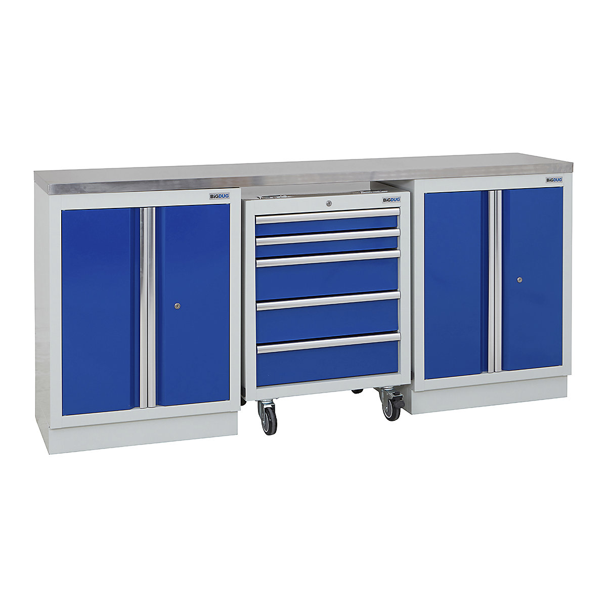 BiGDUG | 2041mm Wide Workbench | 1 Roll Cabinet | 2 Cabinet, BiGDUG | 2041mm Wide Workbench | 1 Roll Cabinet | 2 Cabinet, BiGDUG | 2041mm Wide Workbench | 1x Roll Cabinet | 2x 2 Door Cupboard | Grey Housing | Blue Doors | Stainless Worktop-0