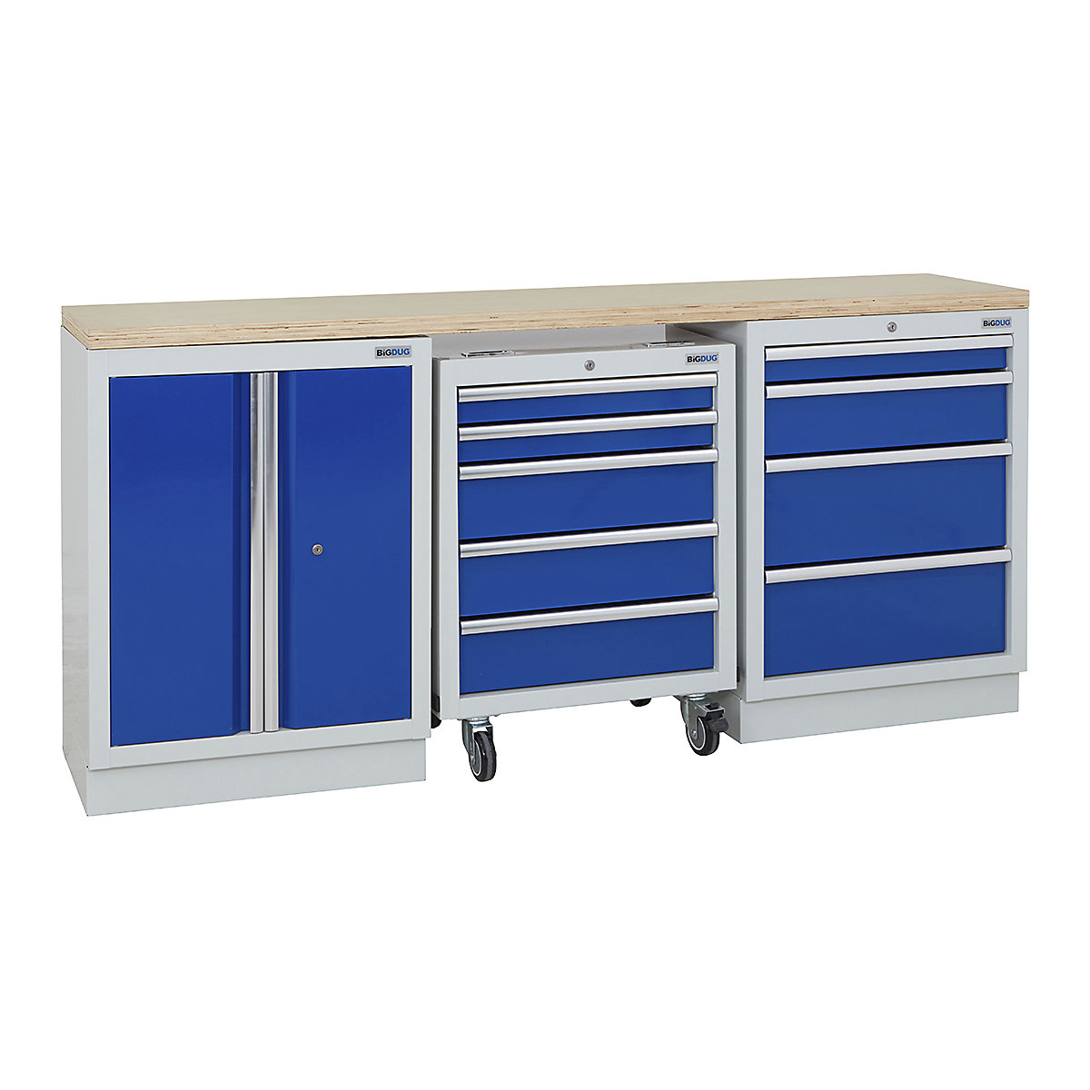 BiGDUG | 2041mm Wide Workbench | 1 Roll Cabinet | 2 Cabinet, BiGDUG | 2041mm Wide Workbench | 1 Roll Cabinet | 2 Cabinet, BiGDUG | 2041mm Wide Workbench | 1x Roll Cabinet | 2 Door Cupboard | 4 Drawer Cabinet | Grey Housing | Blue Doors | Multiplex Worktop-1