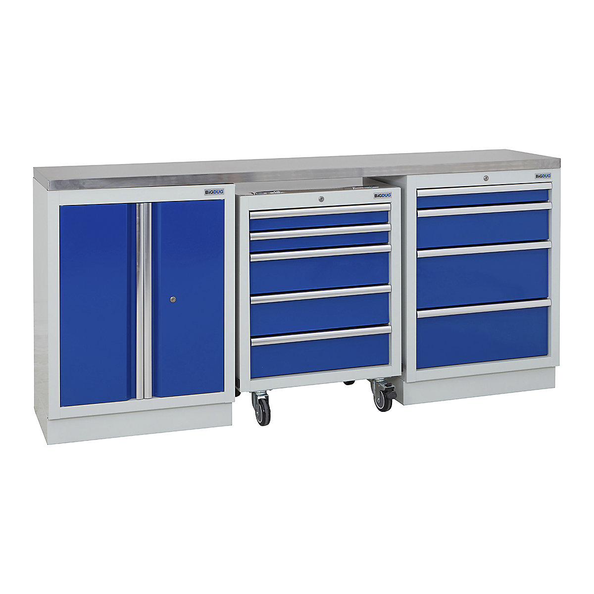 BiGDUG | 2041mm Wide Workbench | 1 Roll Cabinet | 2 Cabinet, BiGDUG | 2041mm Wide Workbench | 1 Roll Cabinet | 2 Cabinet, BiGDUG | 2041mm Wide Workbench | 1x Roll Cabinet | 2 Door Cupboard | 4 Drawer Cabinet | Grey Housing | Blue Doors | Stainless Worktop-2