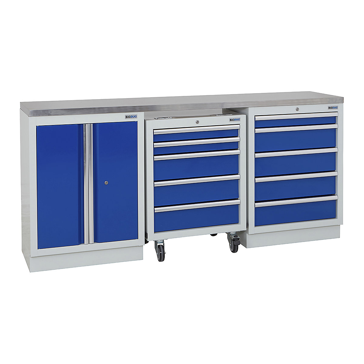 BiGDUG | 2041mm Wide Workbench | 1 Roll Cabinet | 2 Cabinet, BiGDUG | 2041mm Wide Workbench | 1 Roll Cabinet | 2 Cabinet, BiGDUG | 2041mm Wide Workbench | 1x Roll Cabinet | 2 Door Cupboard | 5 Drawer Cabinet | Grey Housing | Blue Doors | Stainless Worktop-0