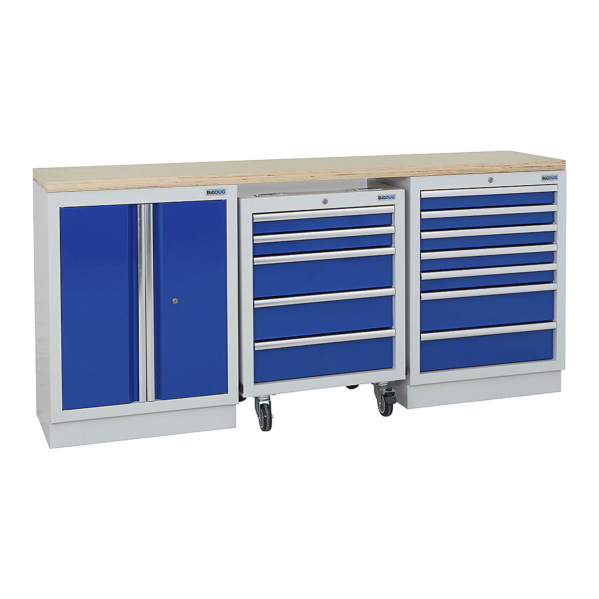 BiGDUG | 2041mm Wide Workbench | 1 Roll Cabinet | 2 Cabinet, BiGDUG | 2041mm Wide Workbench | 1 Roll Cabinet | 2 Cabinet, BiGDUG | 2041mm Wide Workbench | 1x Roll Cabinet | 2 Door Cupboard | 7 Drawer Cabinet | Grey Housing | Blue Doors | Multiplex Worktop-0