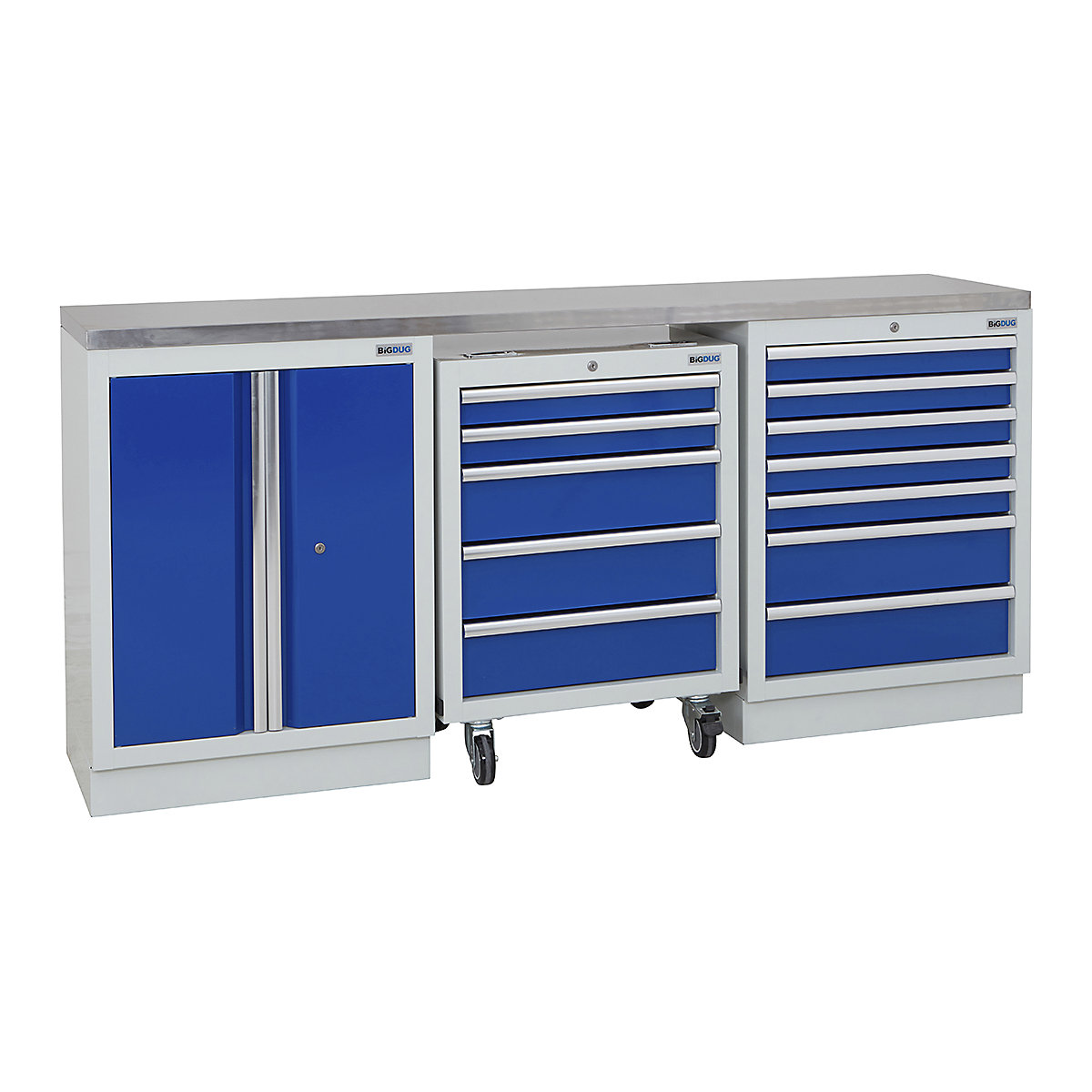BiGDUG | 2041mm Wide Workbench | 1 Roll Cabinet | 2 Cabinet, BiGDUG | 2041mm Wide Workbench | 1 Roll Cabinet | 2 Cabinet, BiGDUG | 2041mm Wide Workbench | 1x Roll Cabinet | 2 Door Cupboard | 7 Drawer Cabinet | Grey Housing | Blue Doors | Stainless Worktop-0
