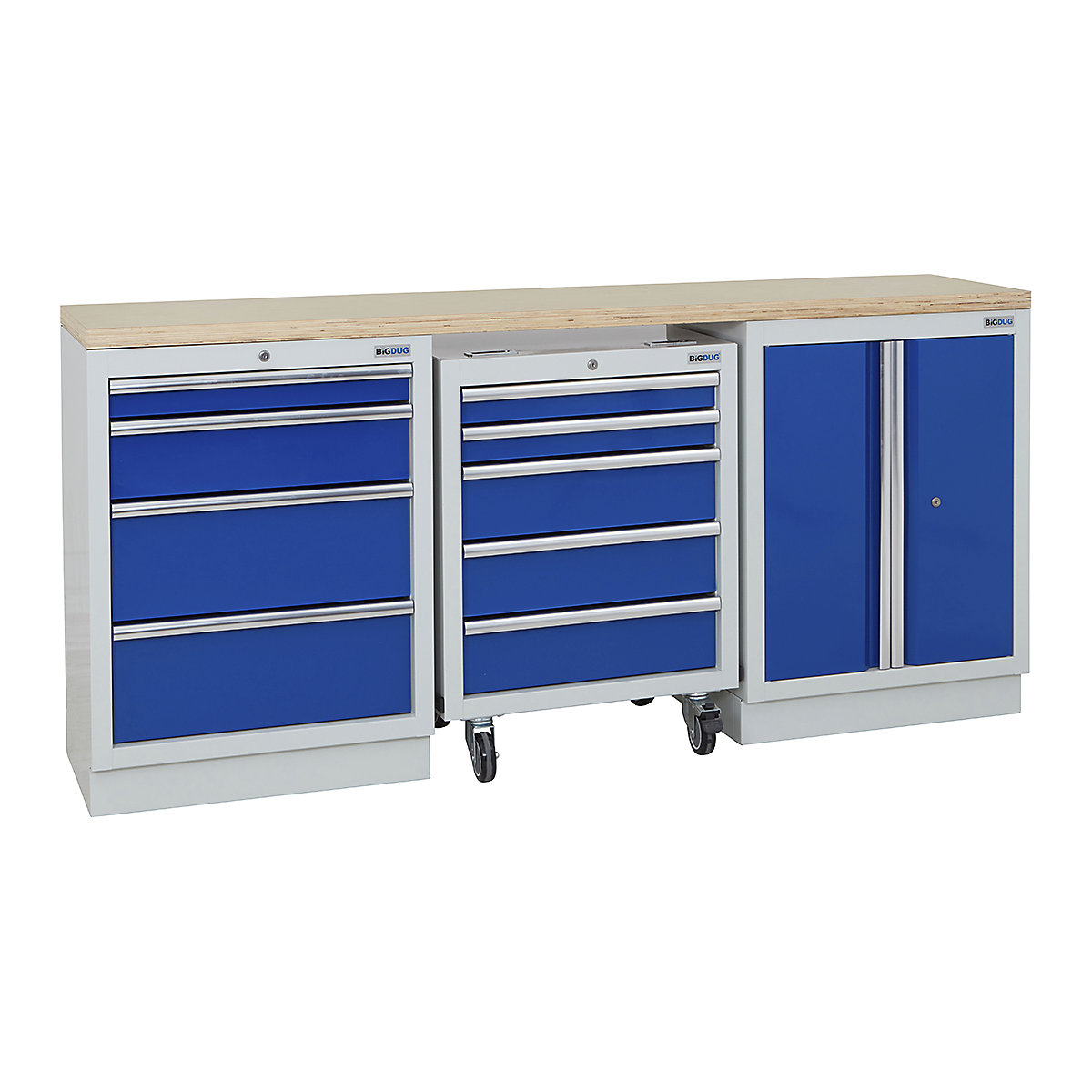 BiGDUG | 2041mm Wide Workbench | 1 Roll Cabinet | 2 Cabinet, BiGDUG | 2041mm Wide Workbench | 1 Roll Cabinet | 2 Cabinet, BiGDUG | 2041mm Wide Workbench | 1x Roll Cabinet | 4 Drawer Cabinet | 2 Door Cupboard | Grey Housing | Blue Drawers | Multiplex Worktop-0
