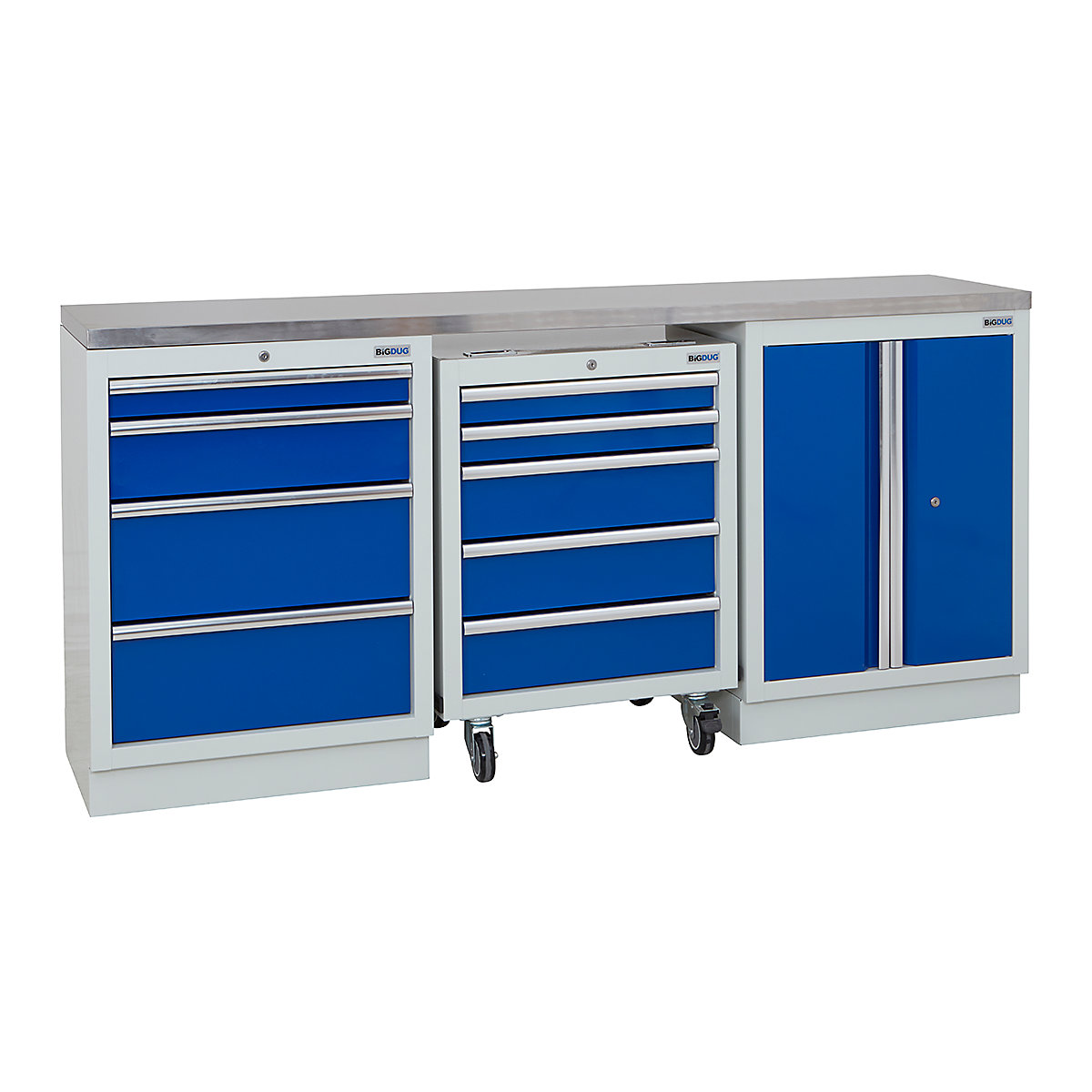 BiGDUG | 2041mm Wide Workbench | 1 Roll Cabinet | 2 Cabinet, BiGDUG | 2041mm Wide Workbench | 1 Roll Cabinet | 2 Cabinet, BiGDUG | 2041mm Wide Workbench | 1x Roll Cabinet | 4 Drawer Cabinet | 2 Door Cupboard | Grey Housing | Blue Drawers | Stainless Worktop-0