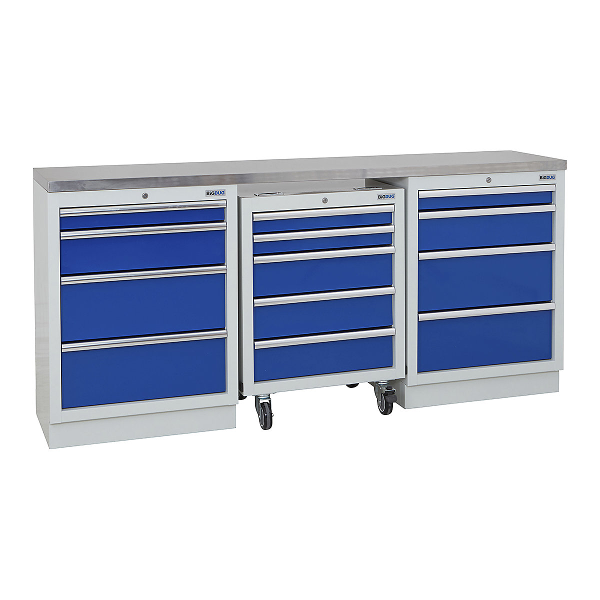 BiGDUG | 2041mm Wide Workbench | 1 Roll Cabinet | 2 Cabinet, BiGDUG | 2041mm Wide Workbench | 1 Roll Cabinet | 2 Cabinet, BiGDUG | 2041mm Wide Workbench | 1x Roll Cabinet | 2x 4 Drawer Cabinet | Grey Housing | Blue Drawers | Stainless Worktop-0