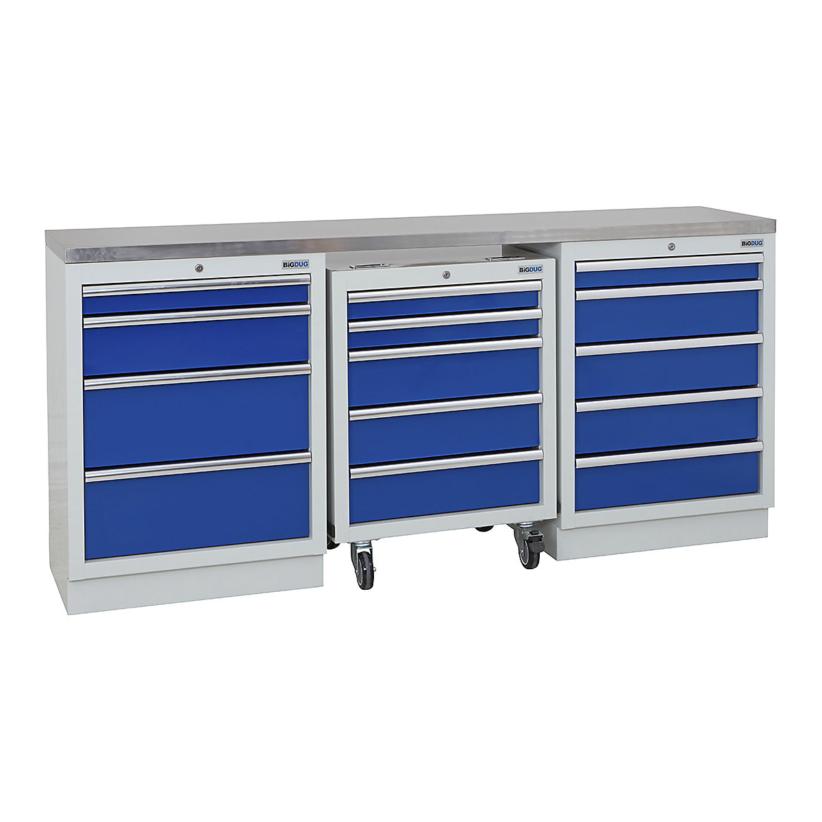 BiGDUG | 2041mm Wide Workbench | 1 Roll Cabinet | 2 Cabinet, BiGDUG | 2041mm Wide Workbench | 1 Roll Cabinet | 2 Cabinet, BiGDUG | 2041mm Wide Workbench | 1x Roll Cabinet | 4 Drawer Cabinet | 5 Drawer Cabinet | Grey Housing | Blue Drawers | Stainless Worktop-0