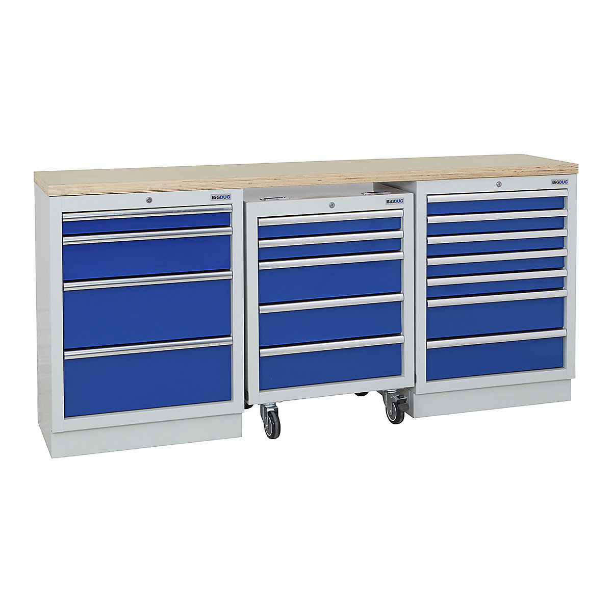 BiGDUG | 2041mm Wide Workbench | 1 Roll Cabinet | 2 Cabinet, BiGDUG | 2041mm Wide Workbench | 1 Roll Cabinet | 2 Cabinet, BiGDUG | 2041mm Wide Workbench | 1x Roll Cabinet | 4 Drawer Cabinet | 7 Drawer Cabinet | Grey Housing | Blue Drawers | Multiplex Worktop-0