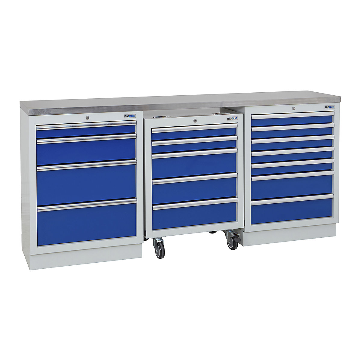 BiGDUG | 2041mm Wide Workbench | 1 Roll Cabinet | 2 Cabinet, BiGDUG | 2041mm Wide Workbench | 1 Roll Cabinet | 2 Cabinet, BiGDUG | 2041mm Wide Workbench | 1x Roll Cabinet | 4 Drawer Cabinet | 7 Drawer Cabinet | Grey Housing | Blue Drawers | Stainless Worktop-0