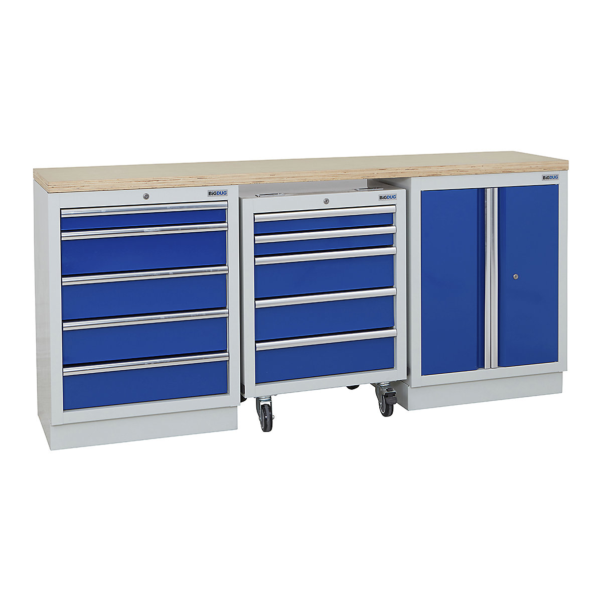 BiGDUG | 2041mm Wide Workbench | 1 Roll Cabinet | 2 Cabinet, BiGDUG | 2041mm Wide Workbench | 1 Roll Cabinet | 2 Cabinet, BiGDUG | 2041mm Wide Workbench | 1x Roll Cabinet | 5 Drawer Cabinet | 2 Door Cupboard | Grey Housing | Blue Drawers | Multiplex Worktop-0