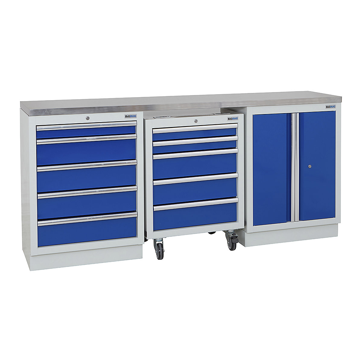 BiGDUG | 2041mm Wide Workbench | 1 Roll Cabinet | 2 Cabinet, BiGDUG | 2041mm Wide Workbench | 1 Roll Cabinet | 2 Cabinet, BiGDUG | 2041mm Wide Workbench | 1x Roll Cabinet | 5 Drawer Cabinet | 2 Door Cupboard | Grey Housing | Blue Drawers | Stainless Worktop-0