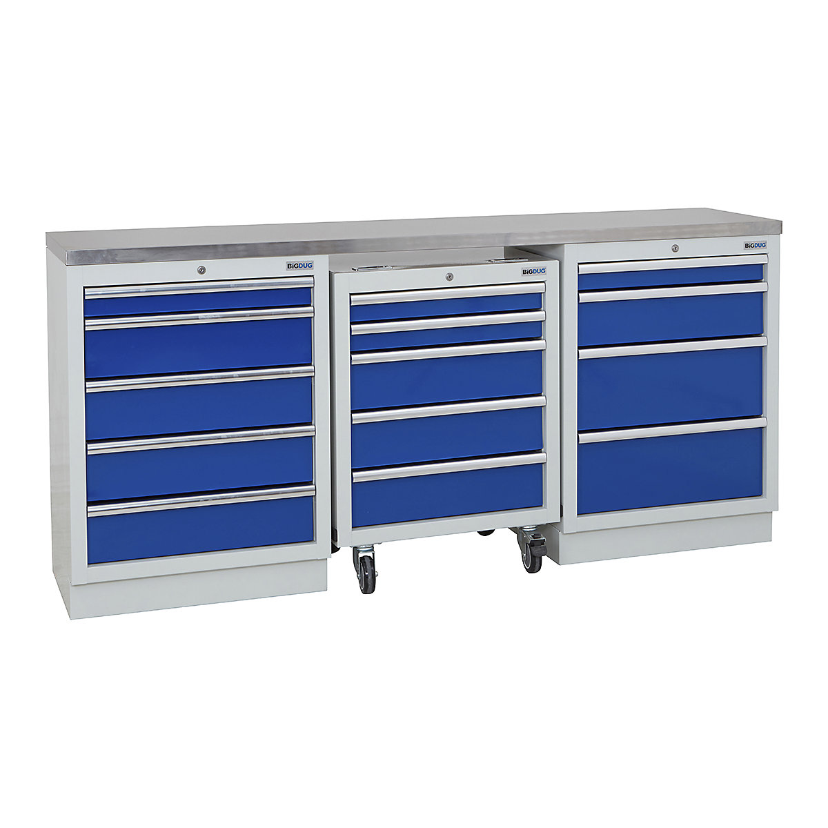 BiGDUG | 2041mm Wide Workbench | 1 Roll Cabinet | 2 Cabinet, BiGDUG | 2041mm Wide Workbench | 1 Roll Cabinet | 2 Cabinet, BiGDUG | 2041mm Wide Workbench | 1x Roll Cabinet | 5 Drawer Cabinet | 4 Drawer Cabinet | Grey Housing | Blue Drawers | Stainless Worktop-0