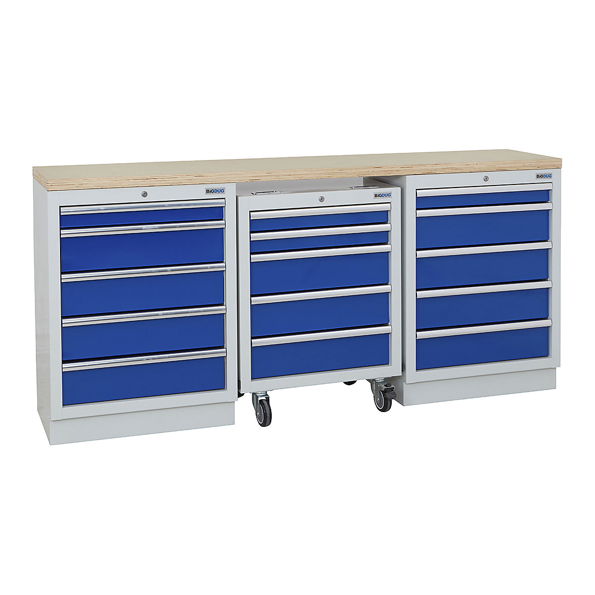 BiGDUG | 2041mm Wide Workbench | 1 Roll Cabinet | 2 Cabinet, BiGDUG | 2041mm Wide Workbench | 1 Roll Cabinet | 2 Cabinet, BiGDUG | 2041mm Wide Workbench | 1x Roll Cabinet | 2x 5 Drawer Cabinet | Grey Housing | Blue Drawers | Multiplex Worktop-0