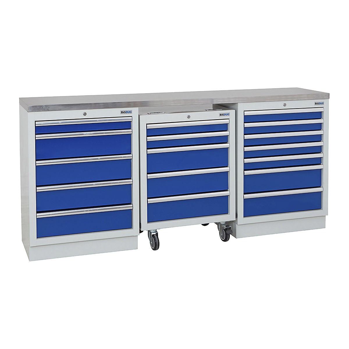 BiGDUG | 2041mm Wide Workbench | 1 Roll Cabinet | 2 Cabinet, BiGDUG | 2041mm Wide Workbench | 1 Roll Cabinet | 2 Cabinet, BiGDUG | 2041mm Wide Workbench | 1x Roll Cabinet | 5 Drawer Cabinet | 7 Drawer Cabinet | Grey Housing | Blue Drawers | Stainless Worktop-0