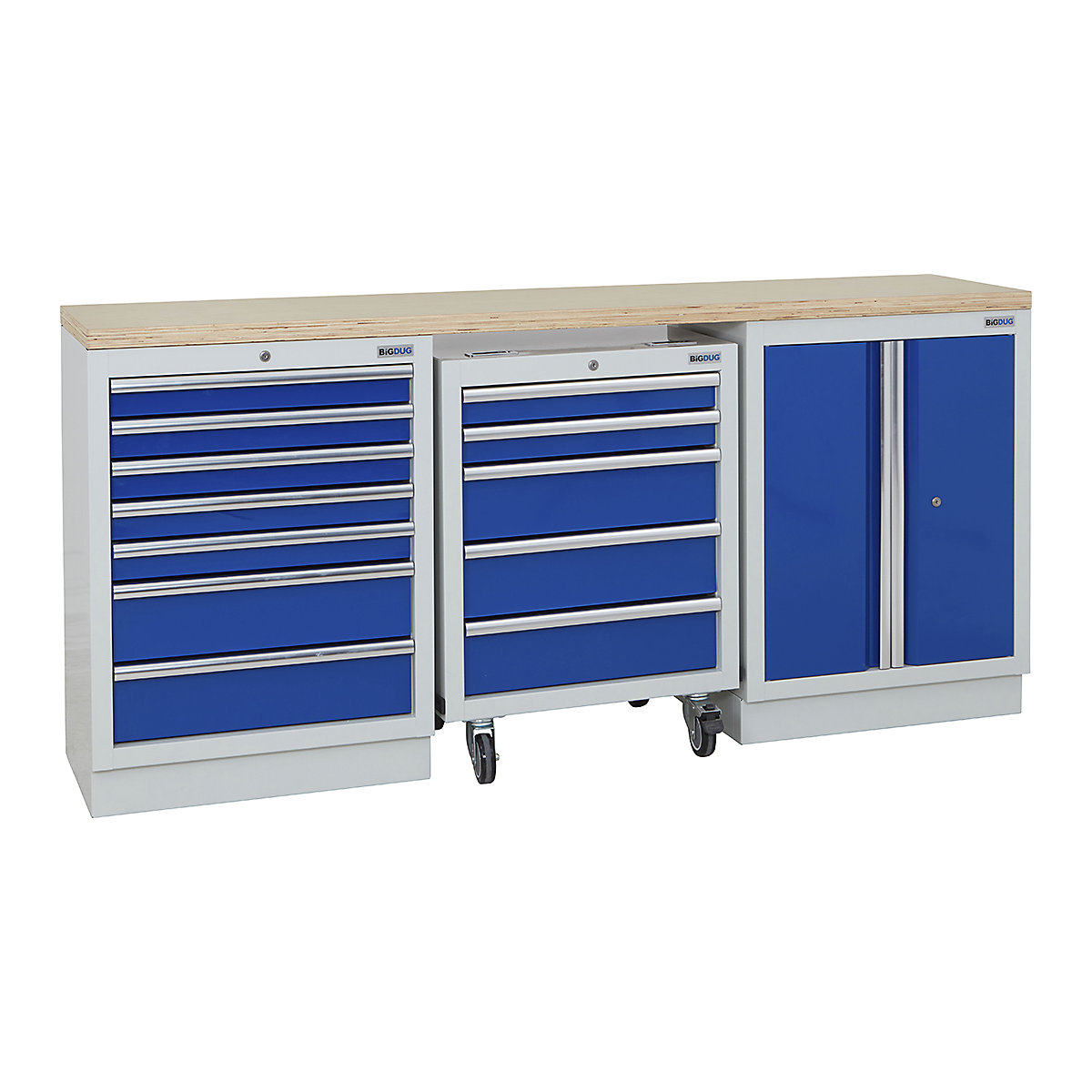 BiGDUG | 2041mm Wide Workbench | 1 Roll Cabinet | 2 Cabinet, BiGDUG | 2041mm Wide Workbench | 1 Roll Cabinet | 2 Cabinet, BiGDUG | 2041mm Wide Workbench | 1x Roll Cabinet | 7 Drawer Cabinet | 2 Door Cupboard | Grey Housing | Blue Drawers | Multiplex Worktop-0